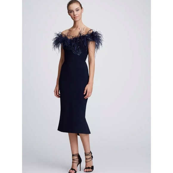 MARCHESA Navy Ostrich Feather Off Shoulder Dress 8 - Picture 5 of 12